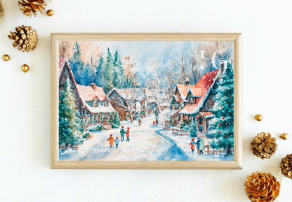 Festive wall decor featuring a charming winter village illustration