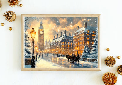 Charming city skyline adorned with snow and decorations, perfect for holiday wall decor.