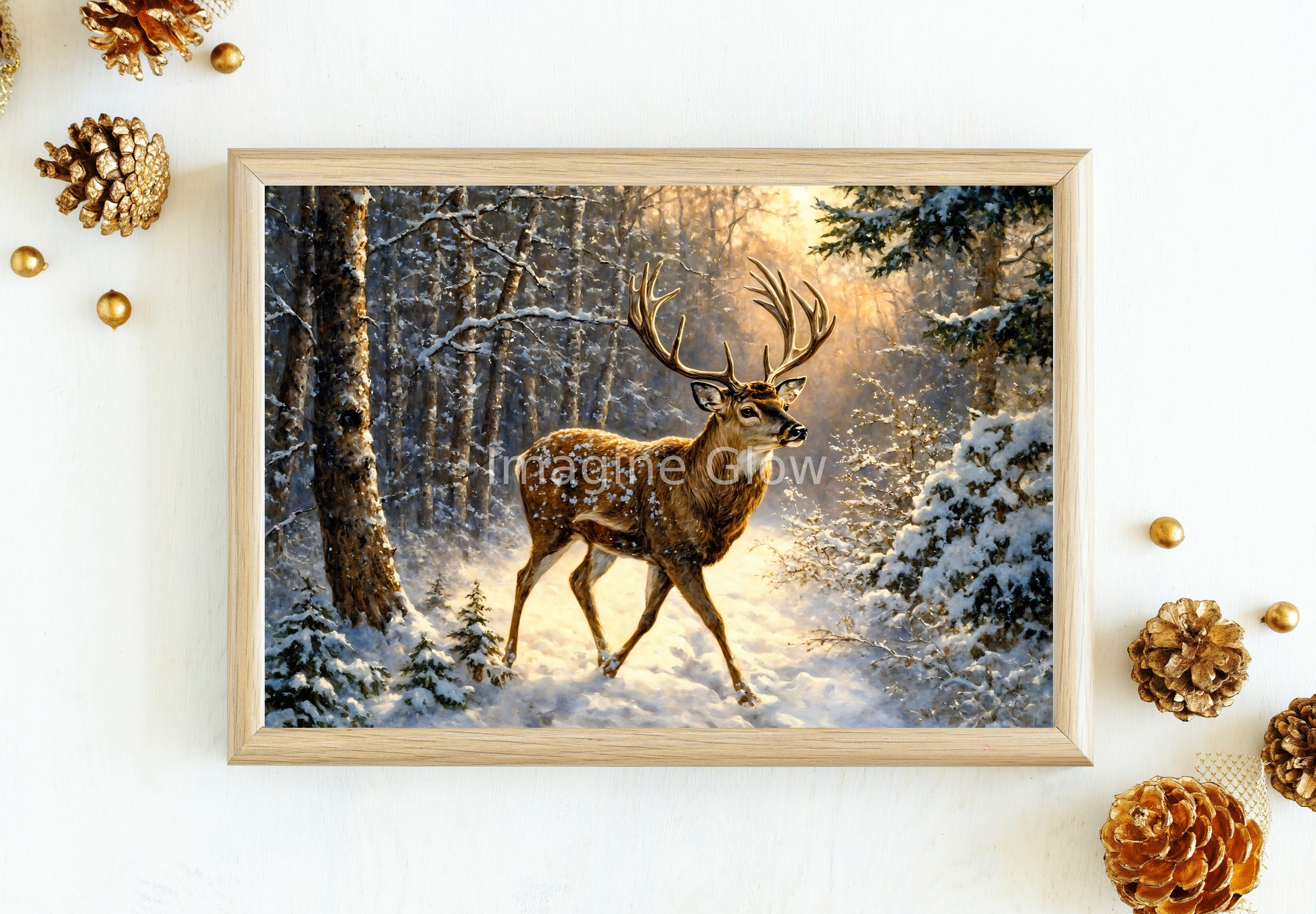 Reindeer in snowy forest artwork for creating a festive ambiance