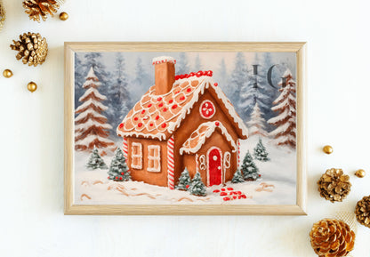 Christmas-themed gingerbread house artwork, ideal for holiday wall decorations.