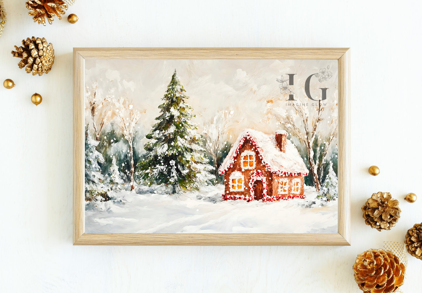 Printable Christmas gingerbread house art, ideal for adding a cozy holiday feel to any room.