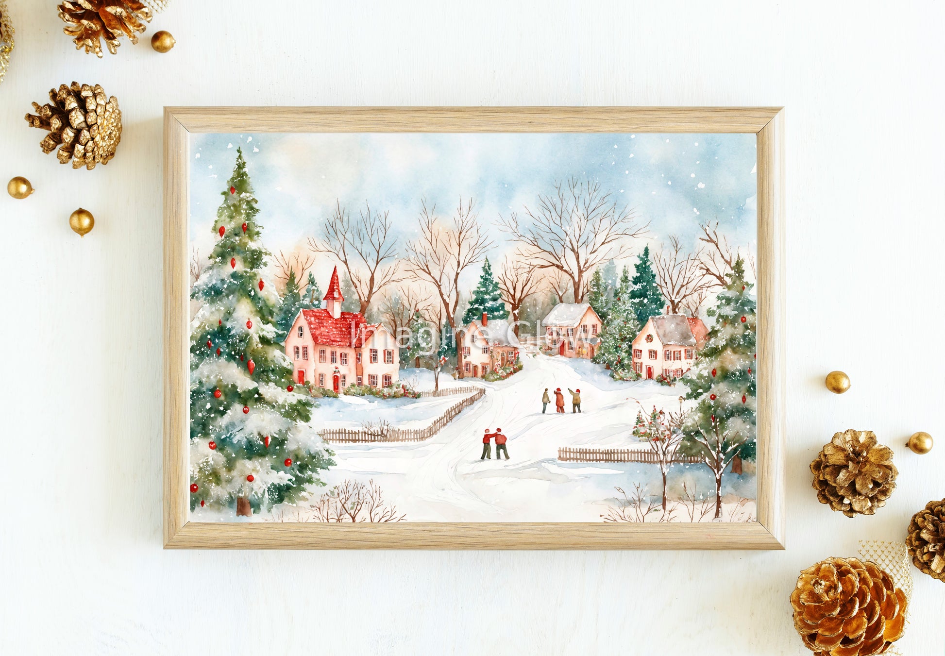 Printable Christmas village scene with twinkling lights for wall decor