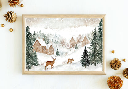 Reindeer Playing in Snow Art Print - Printable Winter Wall Decor for Festive Holiday Style