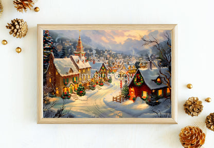 Festive winter wall decor with a charming Christmas village scene