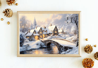 Holiday village art print for a nostalgic winter home decor touch