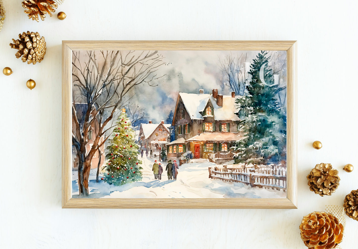 Snowy village scene with twinkling lights, perfect for holiday decorating