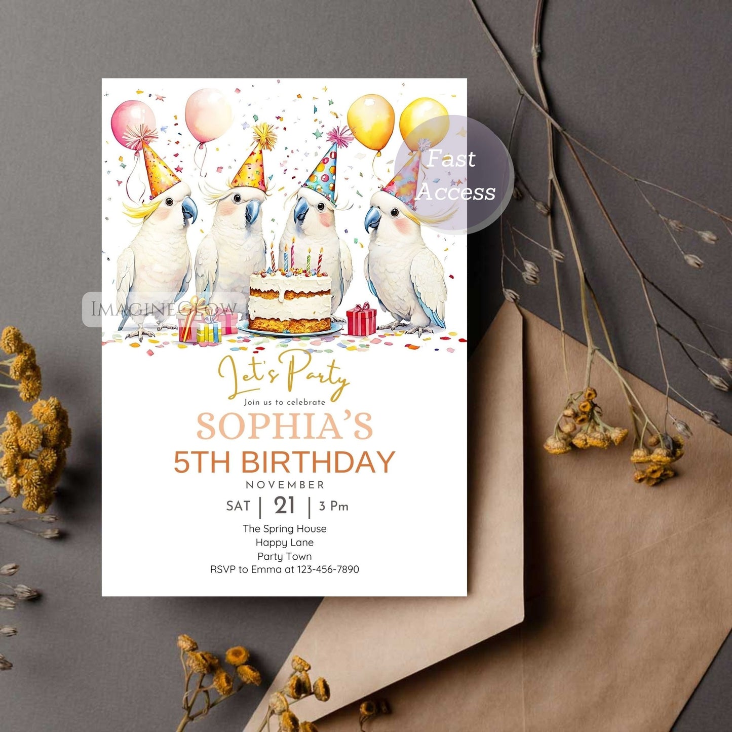 Editable cockatoo digital birthday card
Cute parrot invitation for children's party
