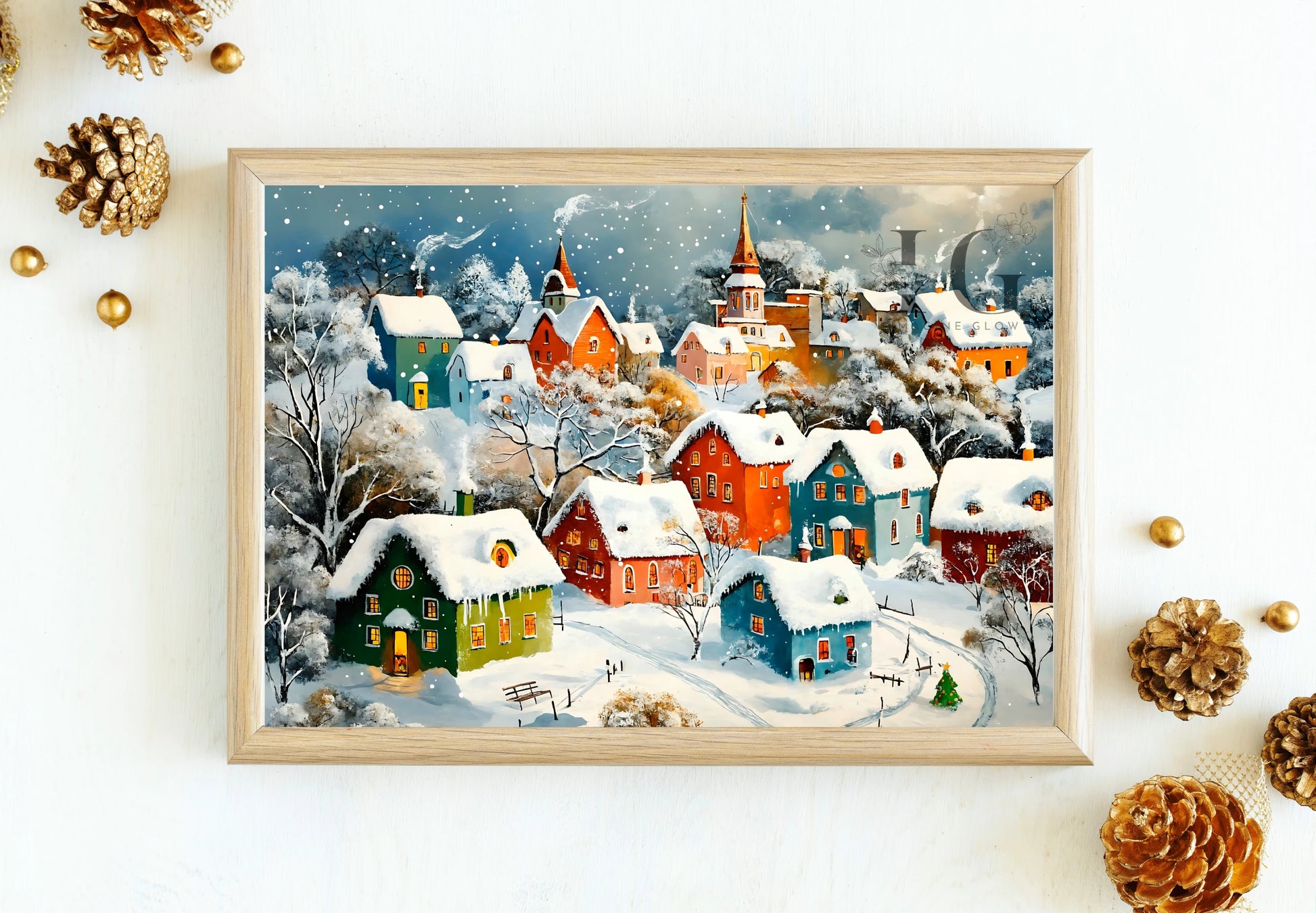 Colorful Christmas village art printable showcasing festive holiday scenes