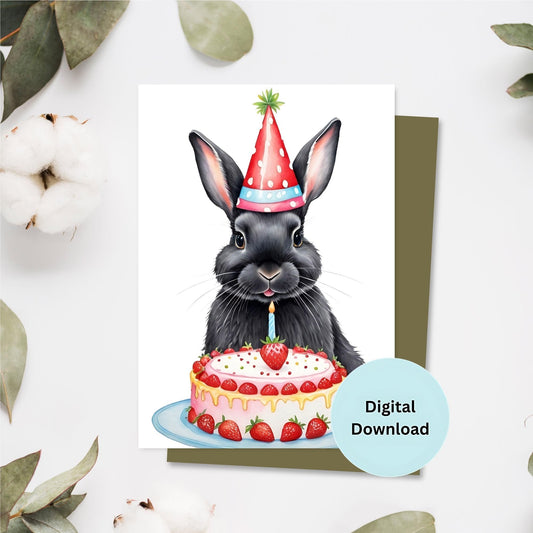 Black Bunny birthday card, printable rabbit greeting card.
