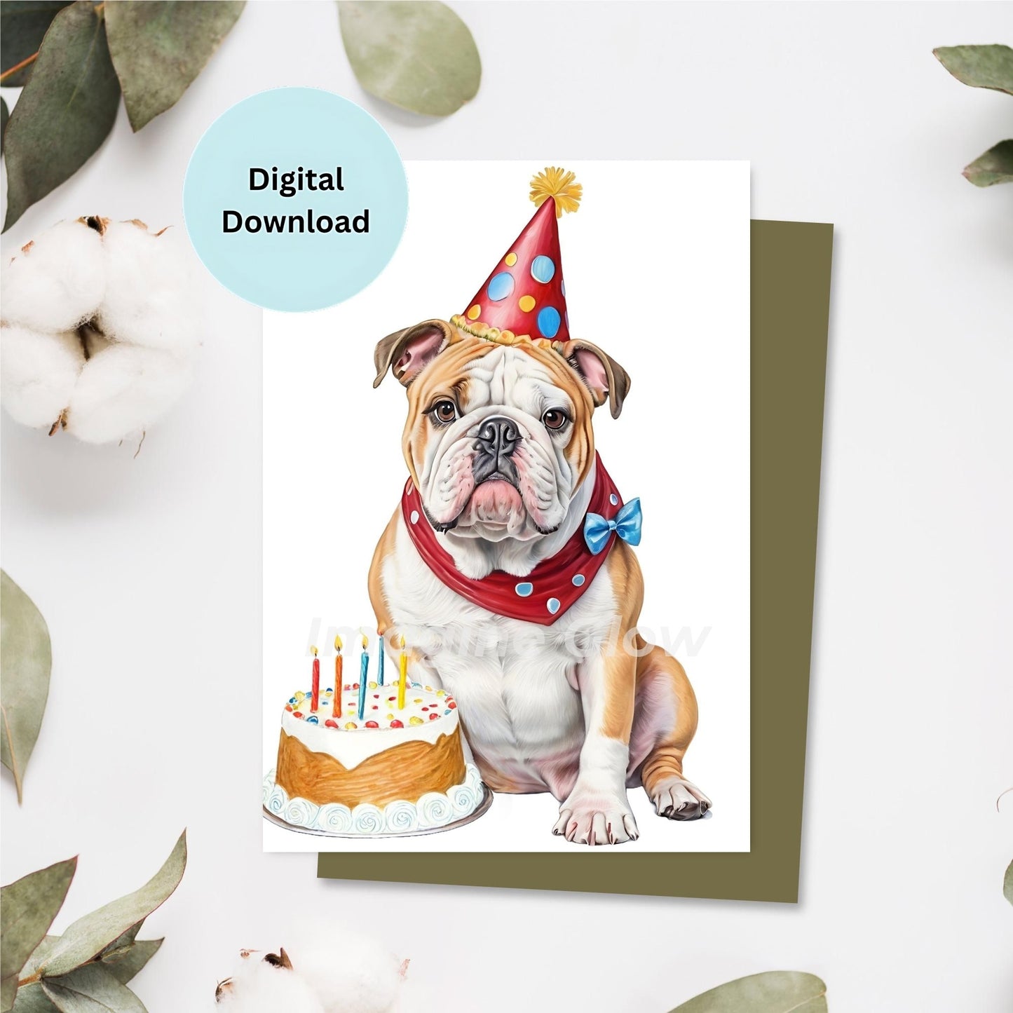 Bulldog birthday card with a fun dog illustration, perfect for celebrations.
