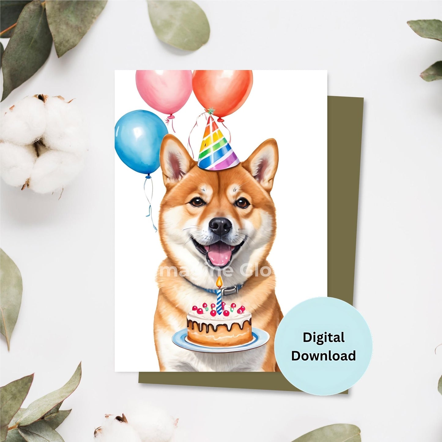 Shiba Inu dog birthday card with a cute and playful design.
