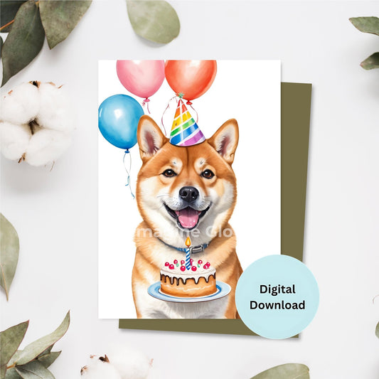 Shiba Inu dog birthday card with a cute and playful design.
