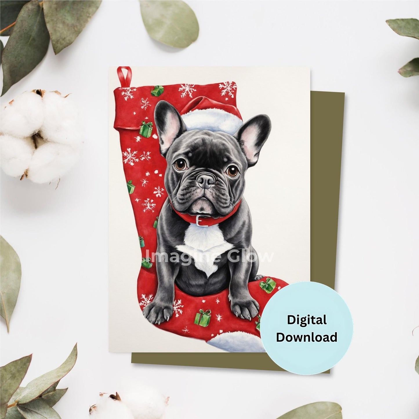 Festive French Bulldog Christmas card, perfect for dog lovers during the holidays.
