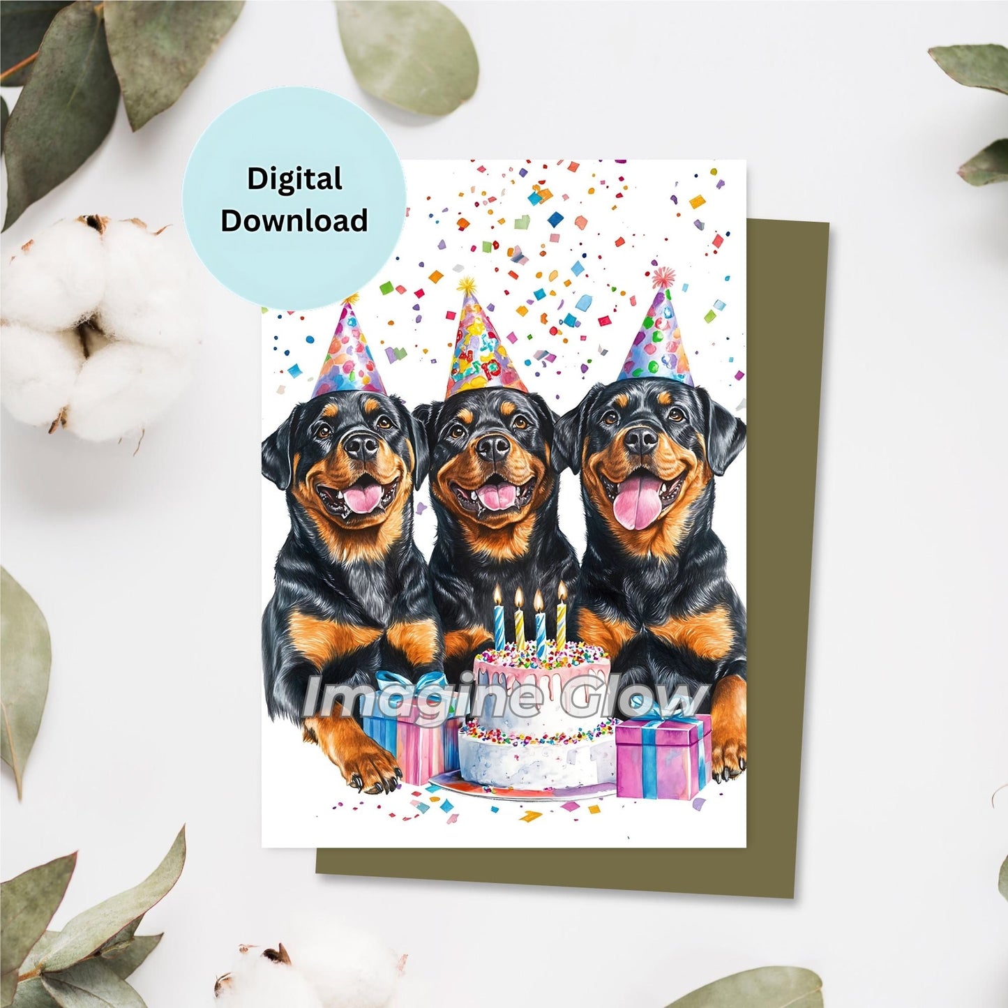 Three Rottweiler dogs on a happy birthday greeting card, perfect for parties and celebrations.