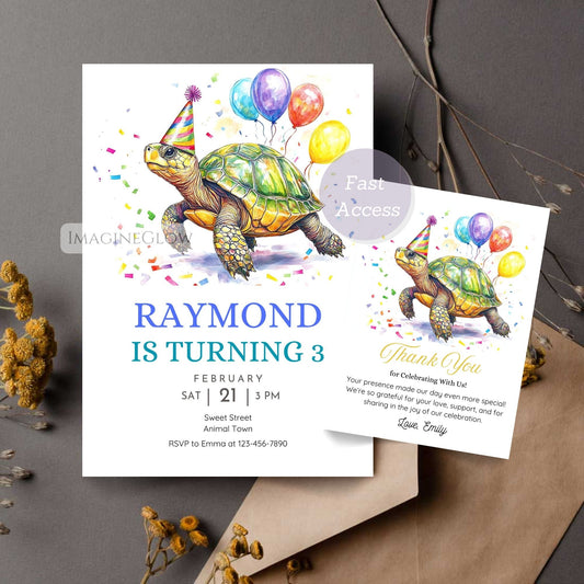 Under the sea turtle party invite and thank you card set
Beach themed turtle birthday and thank you card bundle