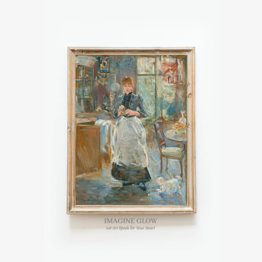 Cozy vintage portrait of a woman and her dog in a dining room