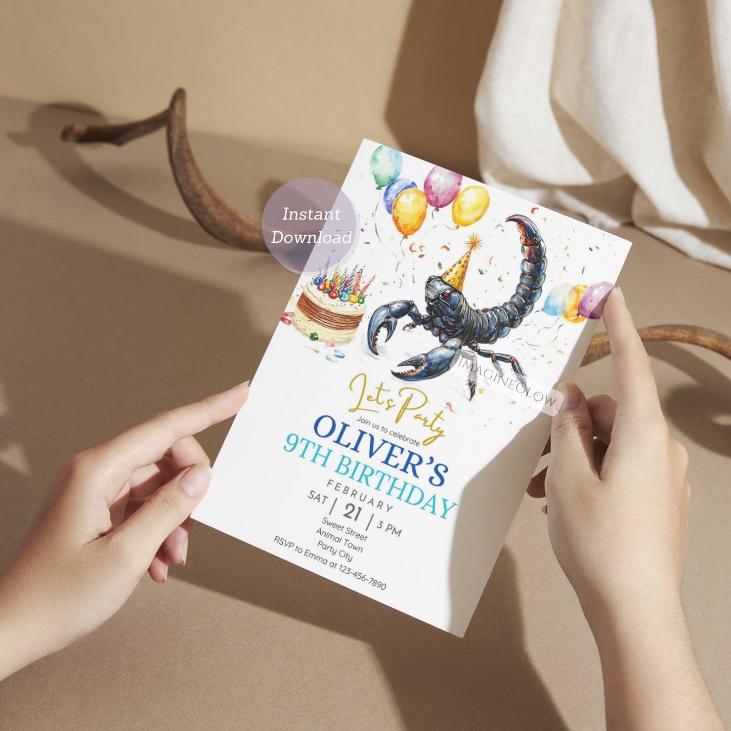 Kids creepy crawly celebration invitation
Customizable scorpion birthday card
