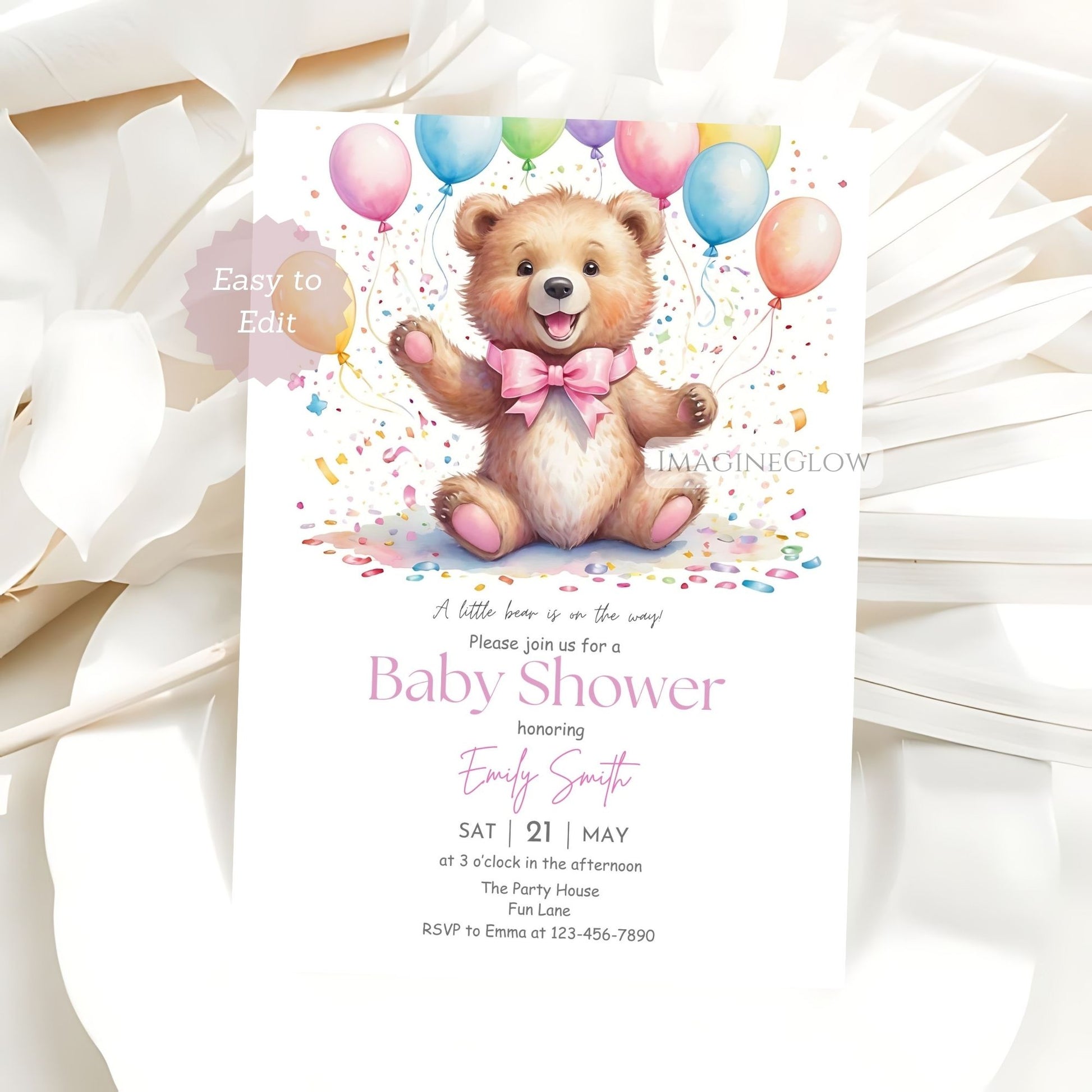 Woodland baby girl shower invitation with bear

