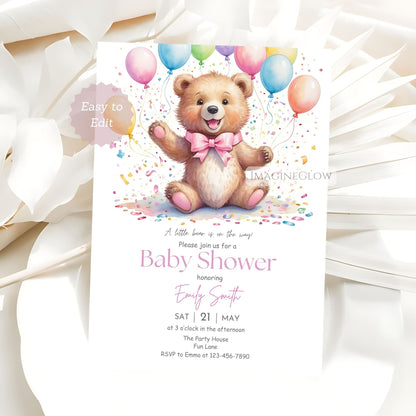 Woodland baby girl shower invitation with bear
