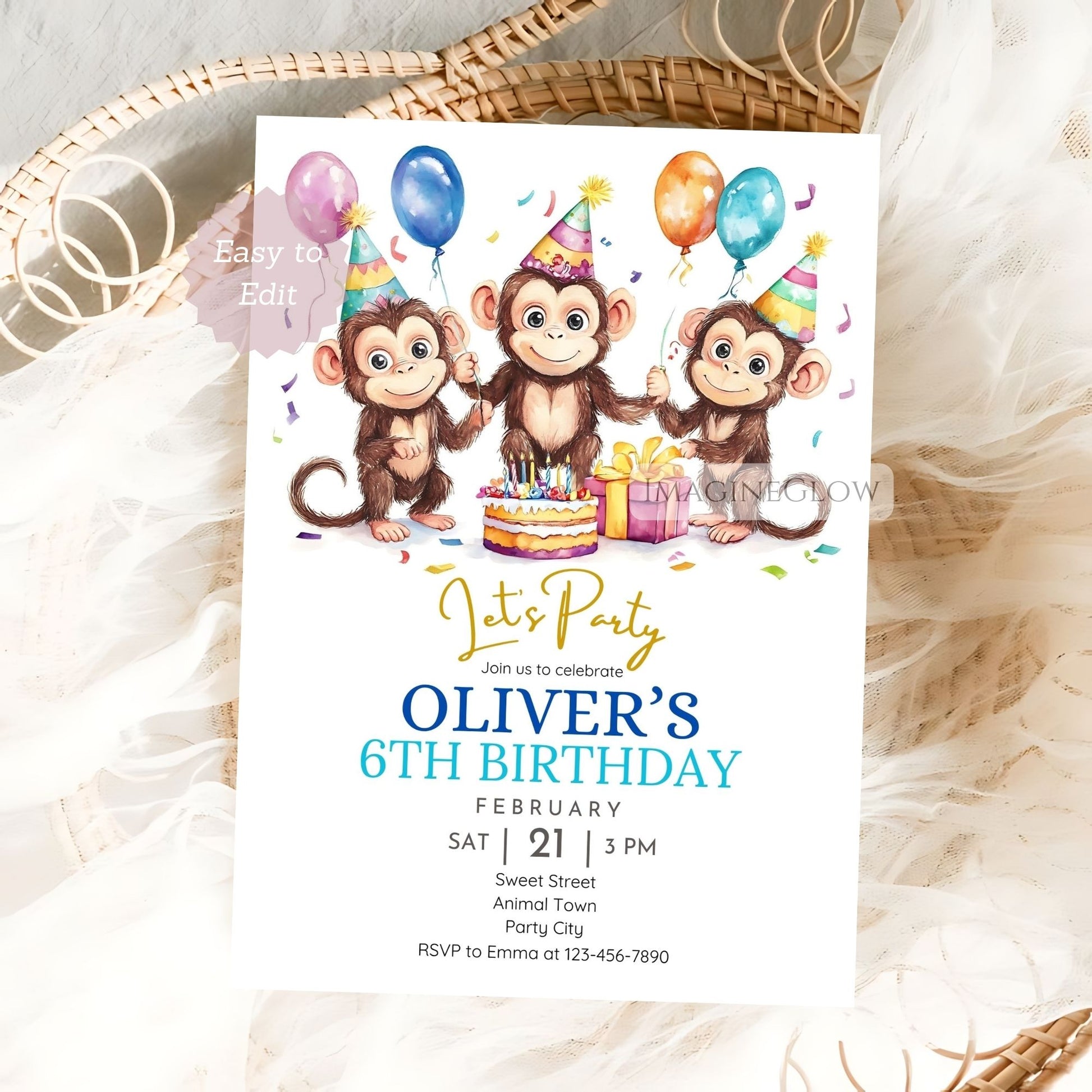 Editable monkey birthday card with wild one theme
