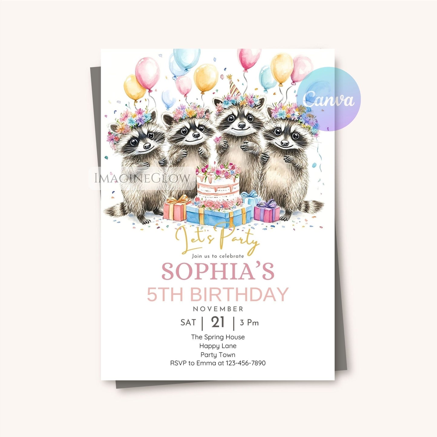 Editable raccoon party invite for kids

