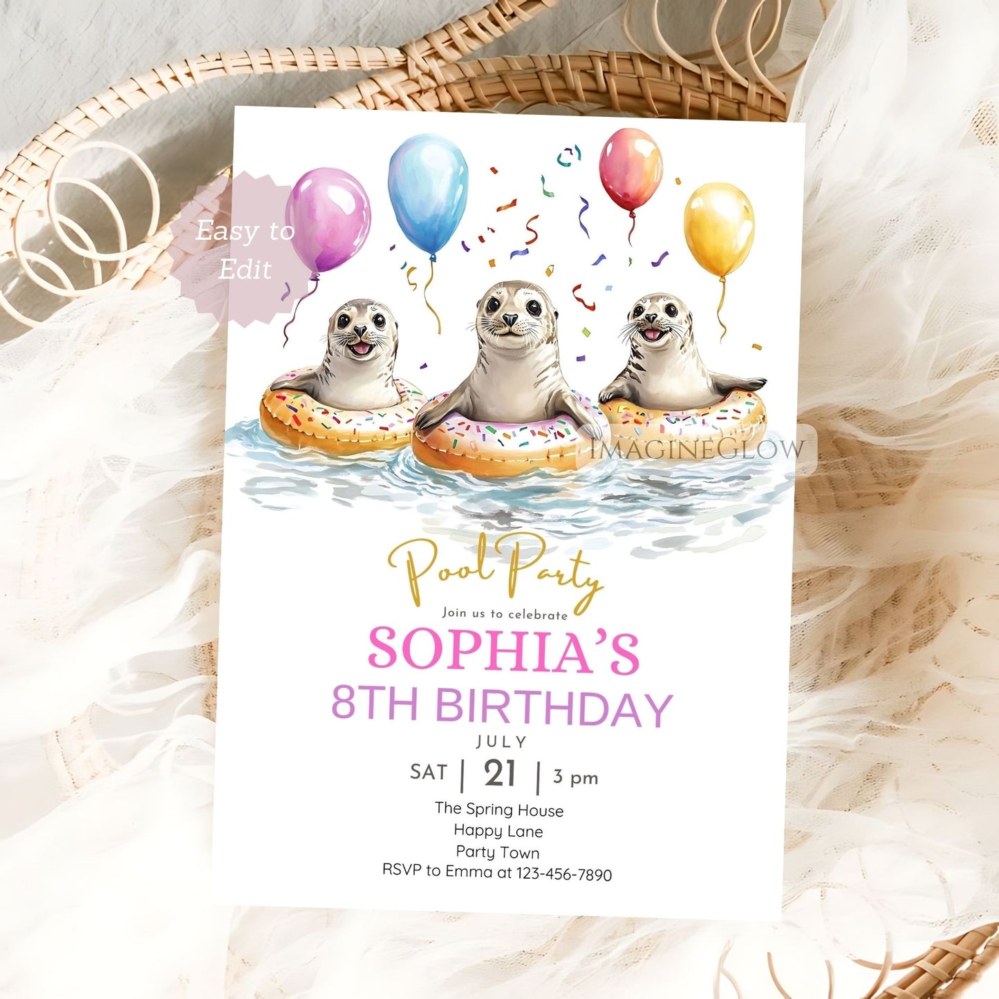 Seal Pool Party Birthday Invitation - Cute Ocean Animal Summer Party Invite