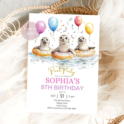 Seal Pool Party Birthday Invitation - Cute Ocean Animal Summer Party Invite