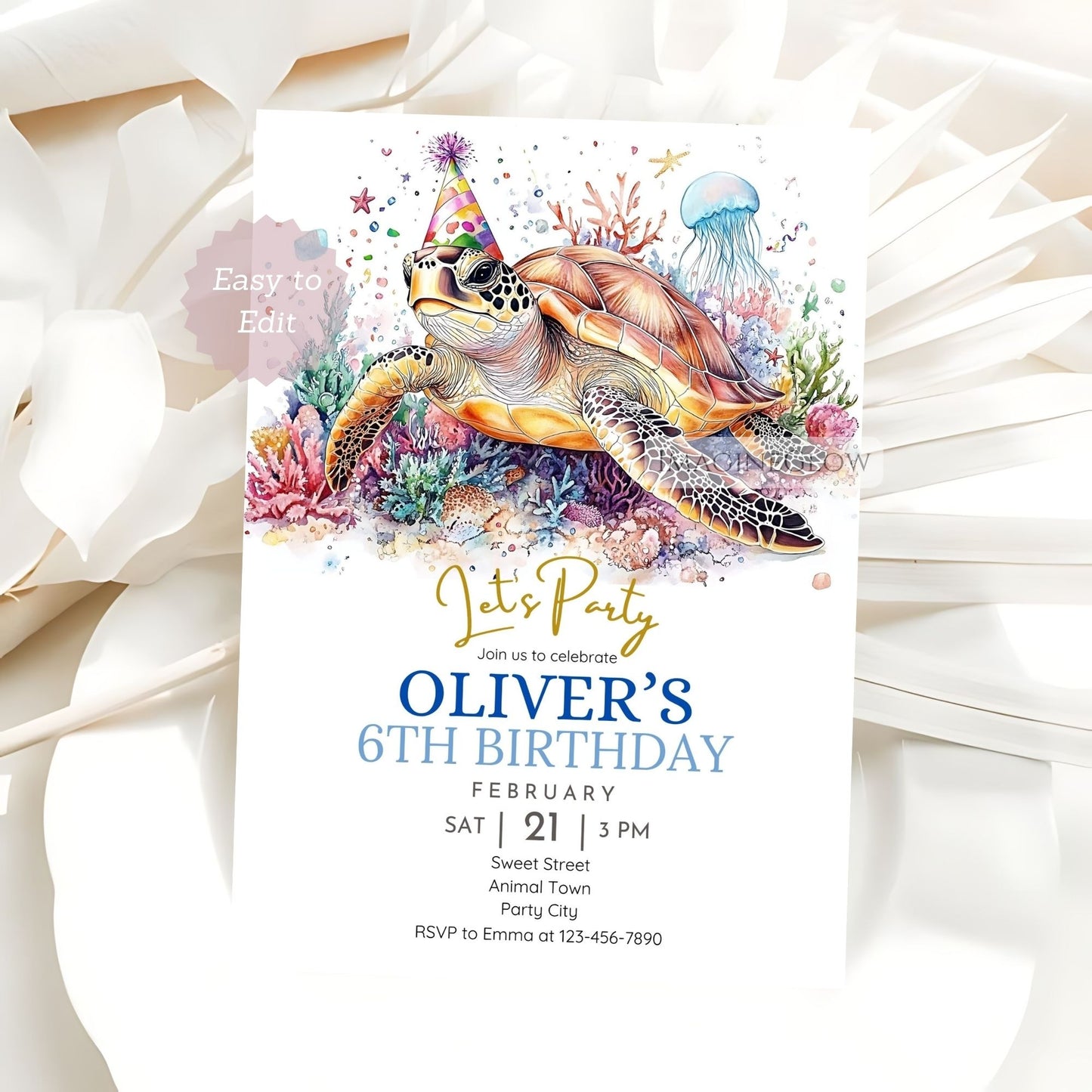 Editable sea turtle birthday party invite

