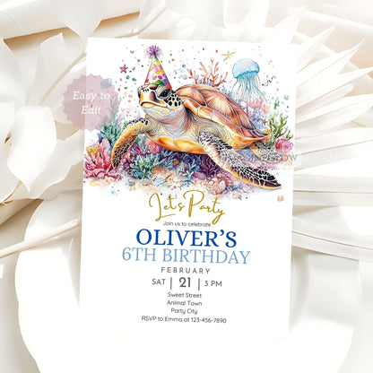 Editable sea turtle birthday party invite

