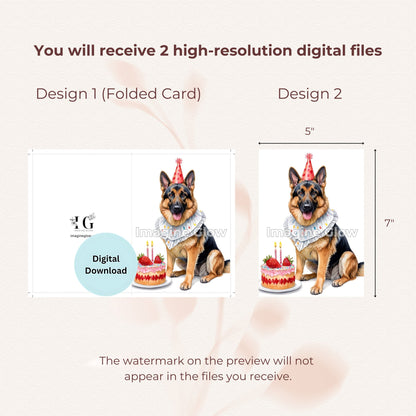 Cute German Shepherd dog illustration on a printable birthday card.
