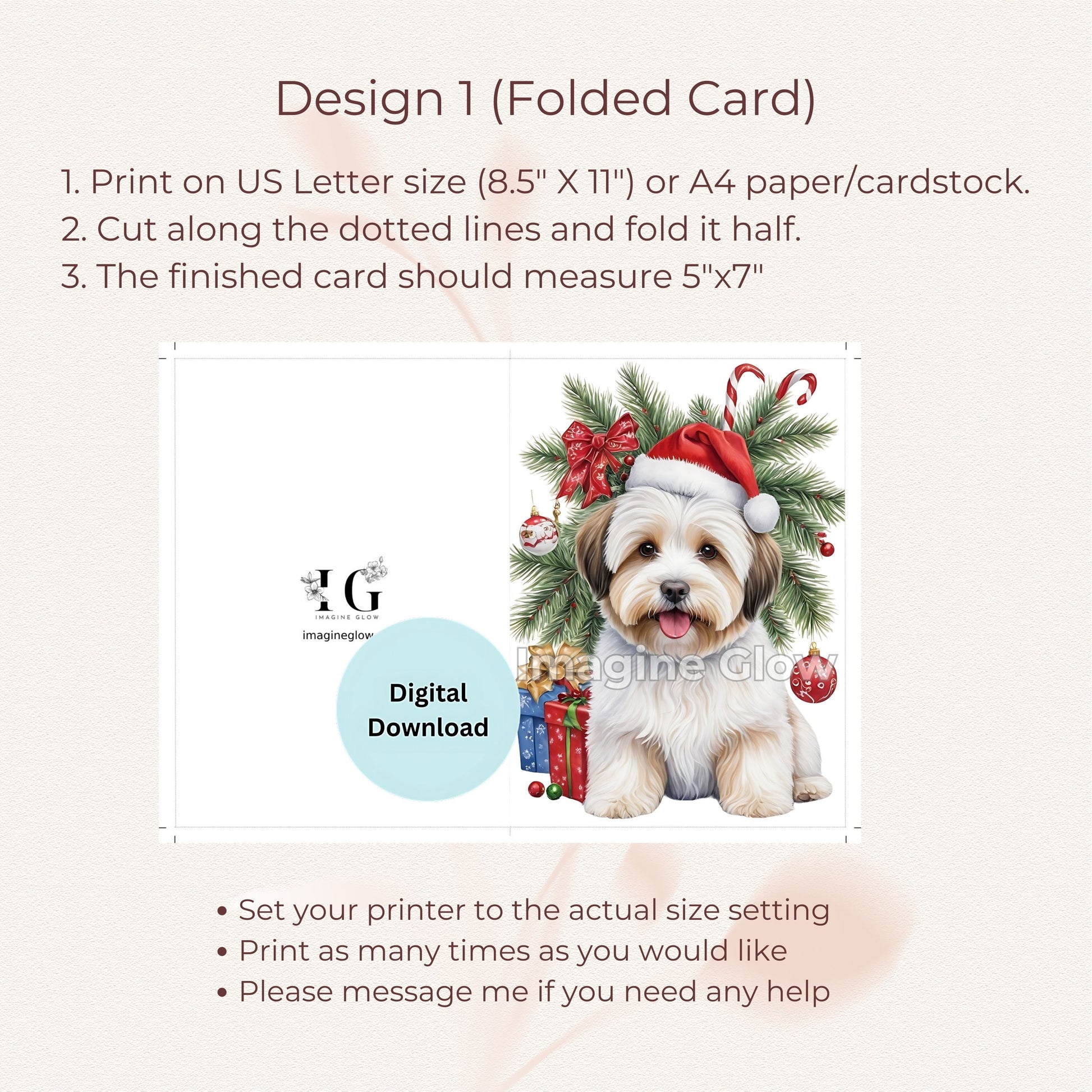 Cute Havanese dog printable Christmas card for dog lovers.