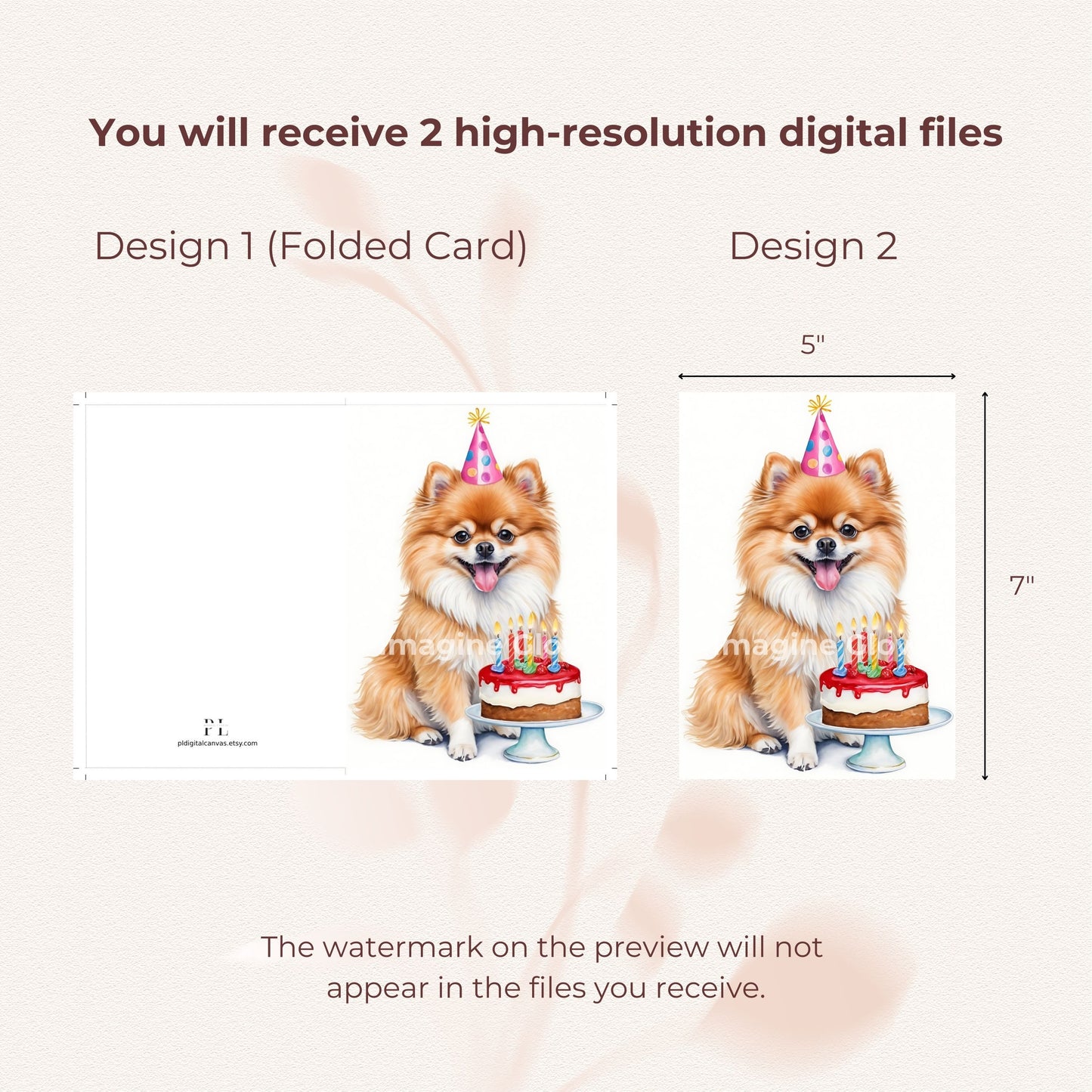 Cute Pomeranian dog design on a printable birthday card.
