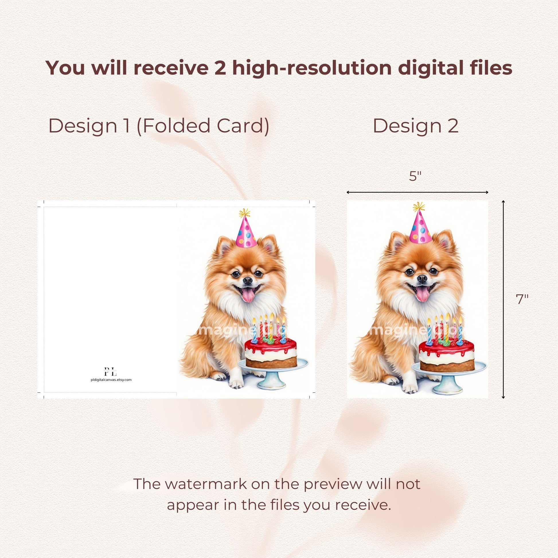 Cute Pomeranian dog design on a printable birthday card.