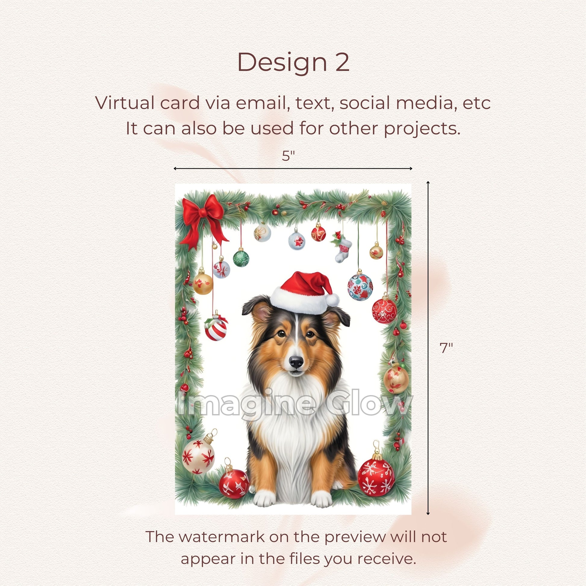 Cute Rough Collie dog Christmas card for festive greetings.