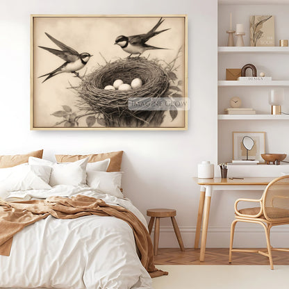 Rustic swallow bird nest vintage art print
