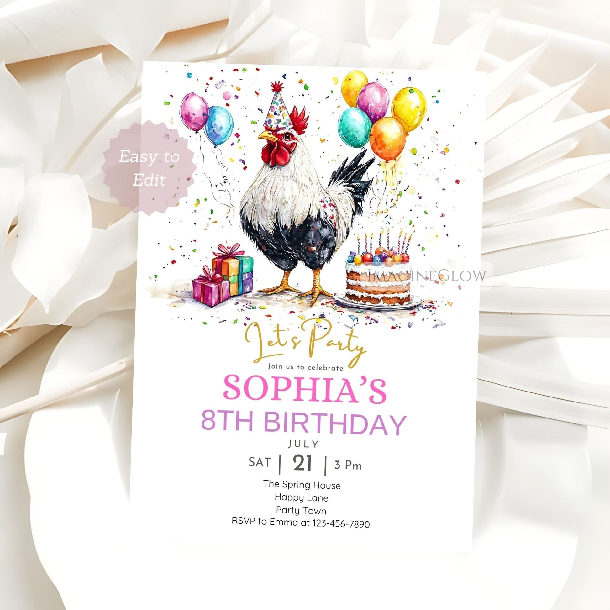 Farm party chicken invitation template
Digital chicken party invite for kids
