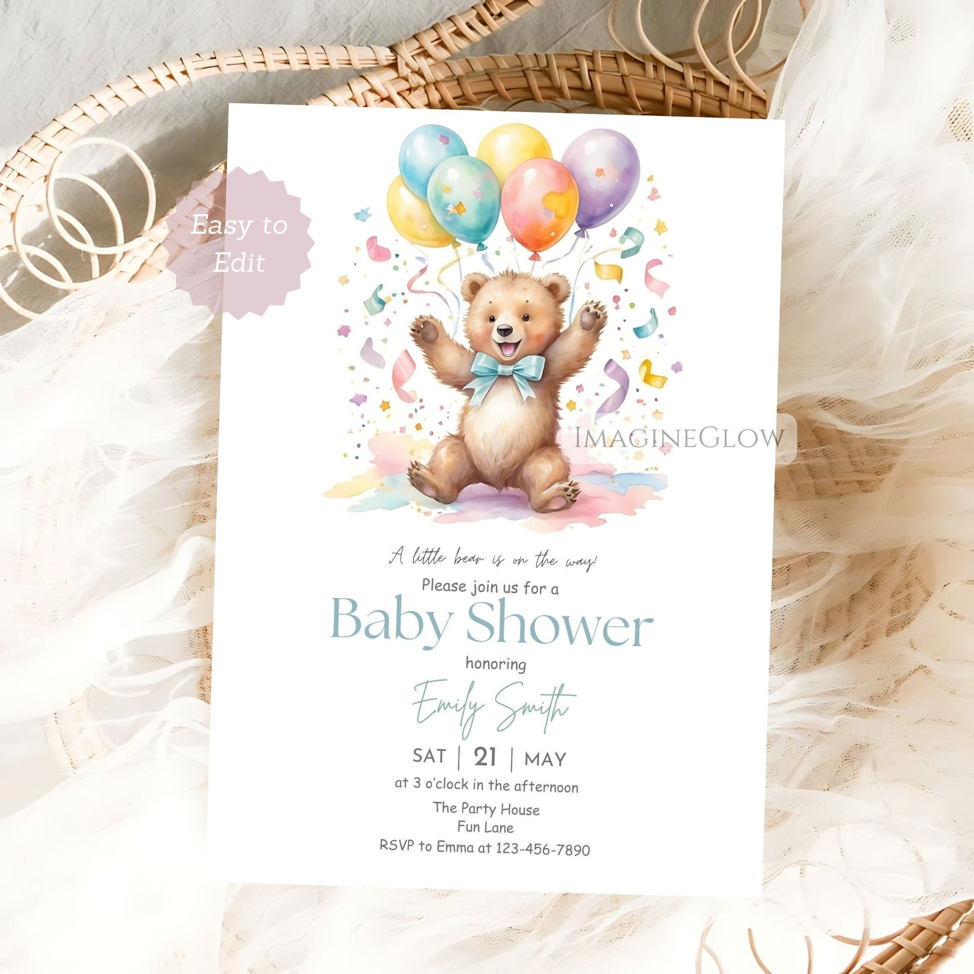 Rustic forest bear baby shower boy invite
