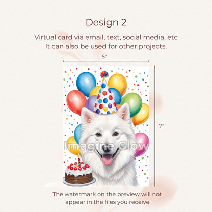 Digital birthday greeting card with an American Eskimo dog illustration.