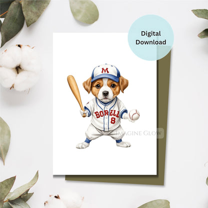 Birthday card design featuring a dog in a costume holding a baseball bat, designed for baseball lovers, with a fun and festive theme.