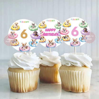 Dog pool Party cake topper birthday decor printable