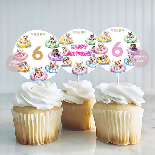 Dog pool Party cake topper birthday decor printable
