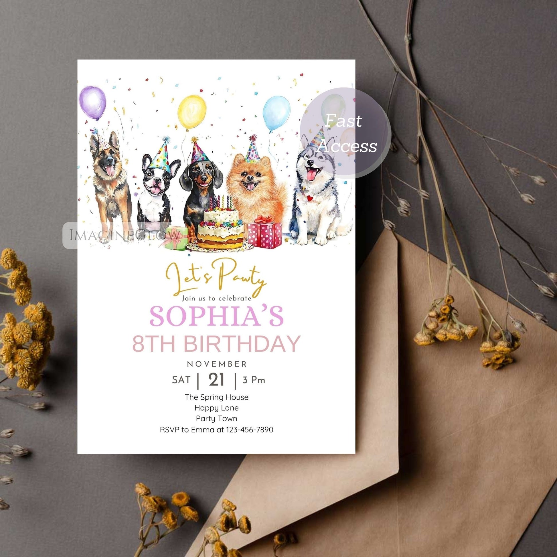 Dogs birthday invitation with five popular dog breeds
