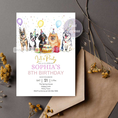 Dogs birthday invitation with five popular dog breeds
