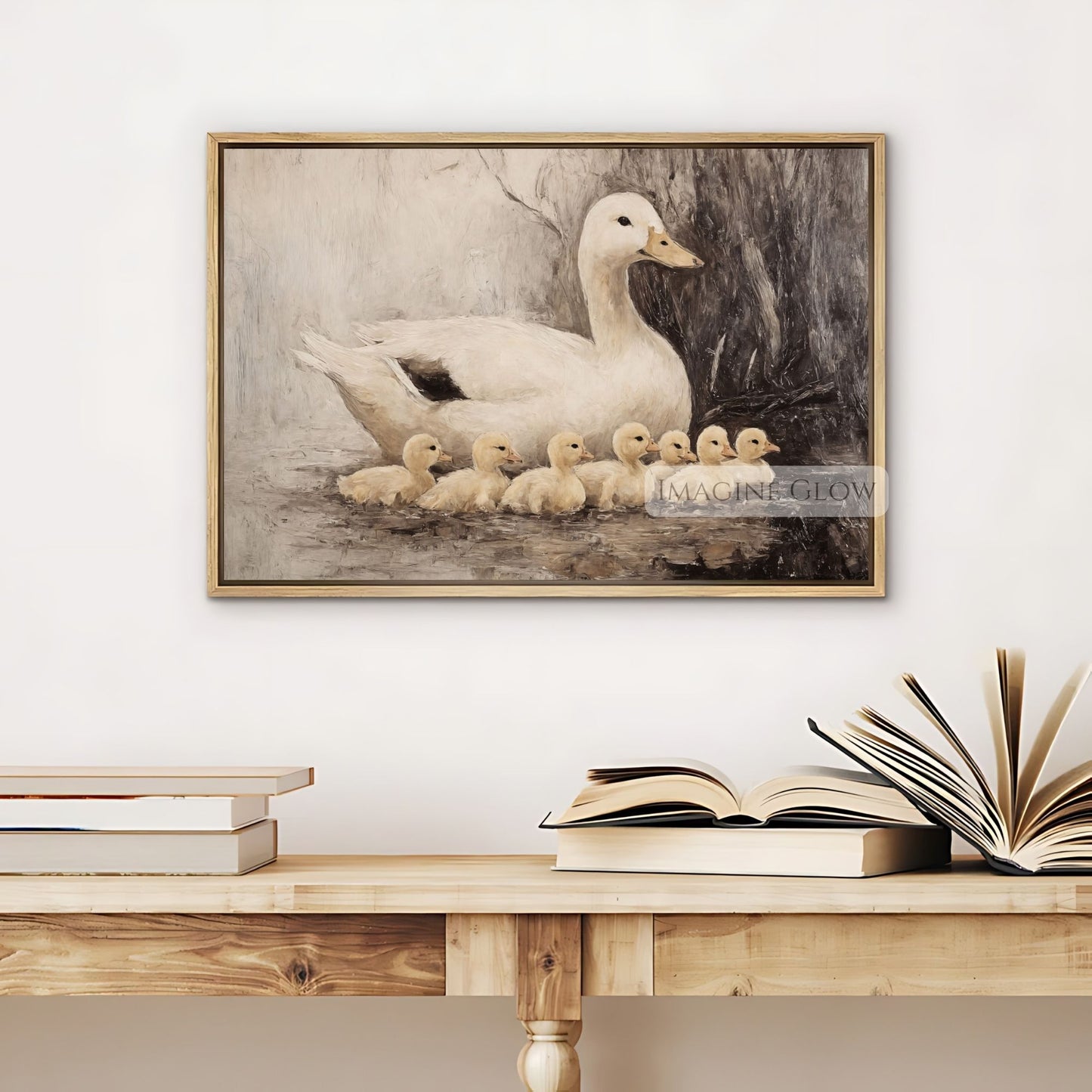 Ducks and ducklings vintage painting
