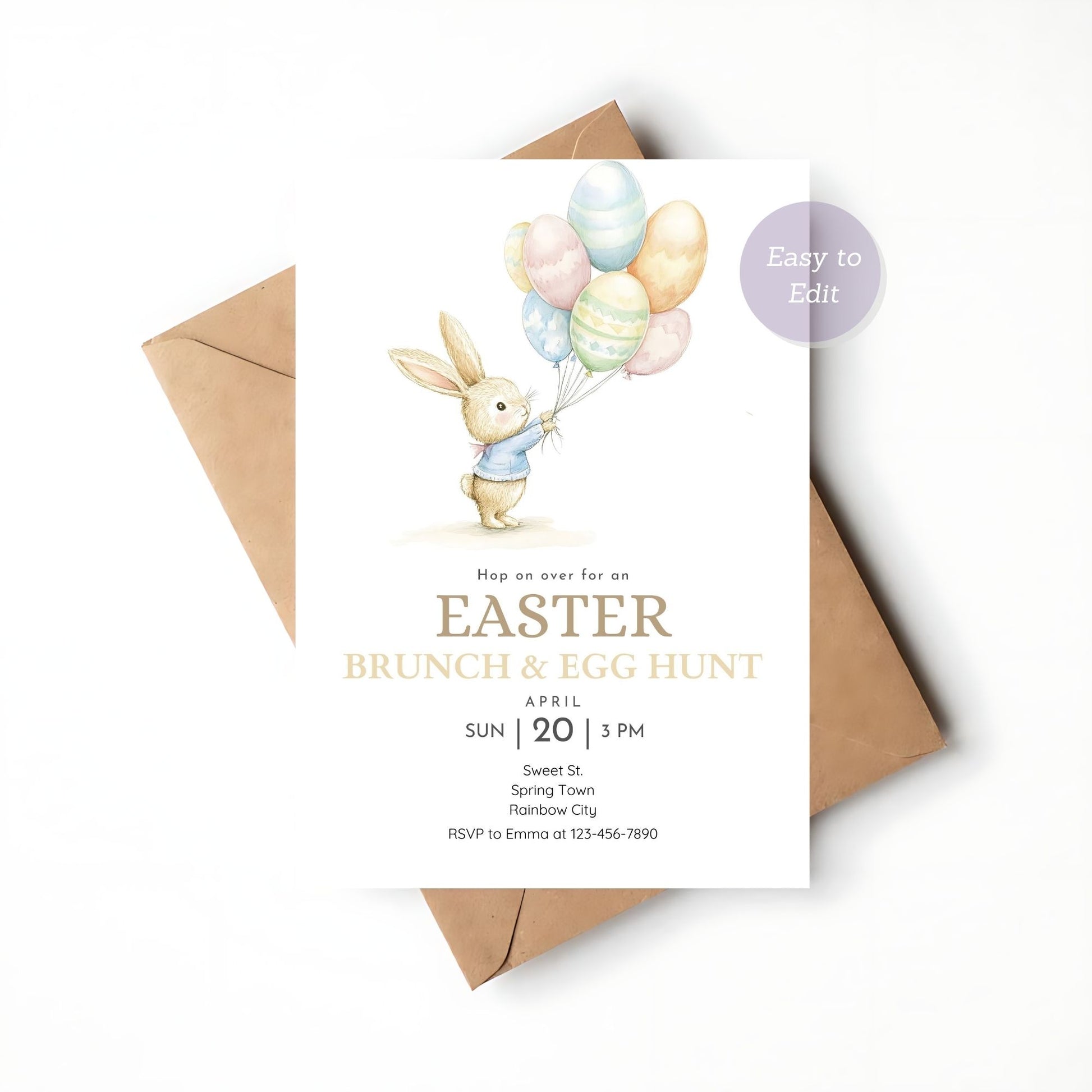 Editable digital Easter brunch invite with a bunny and balloons.
