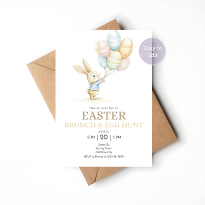 Editable digital Easter brunch invite with a bunny and balloons.
