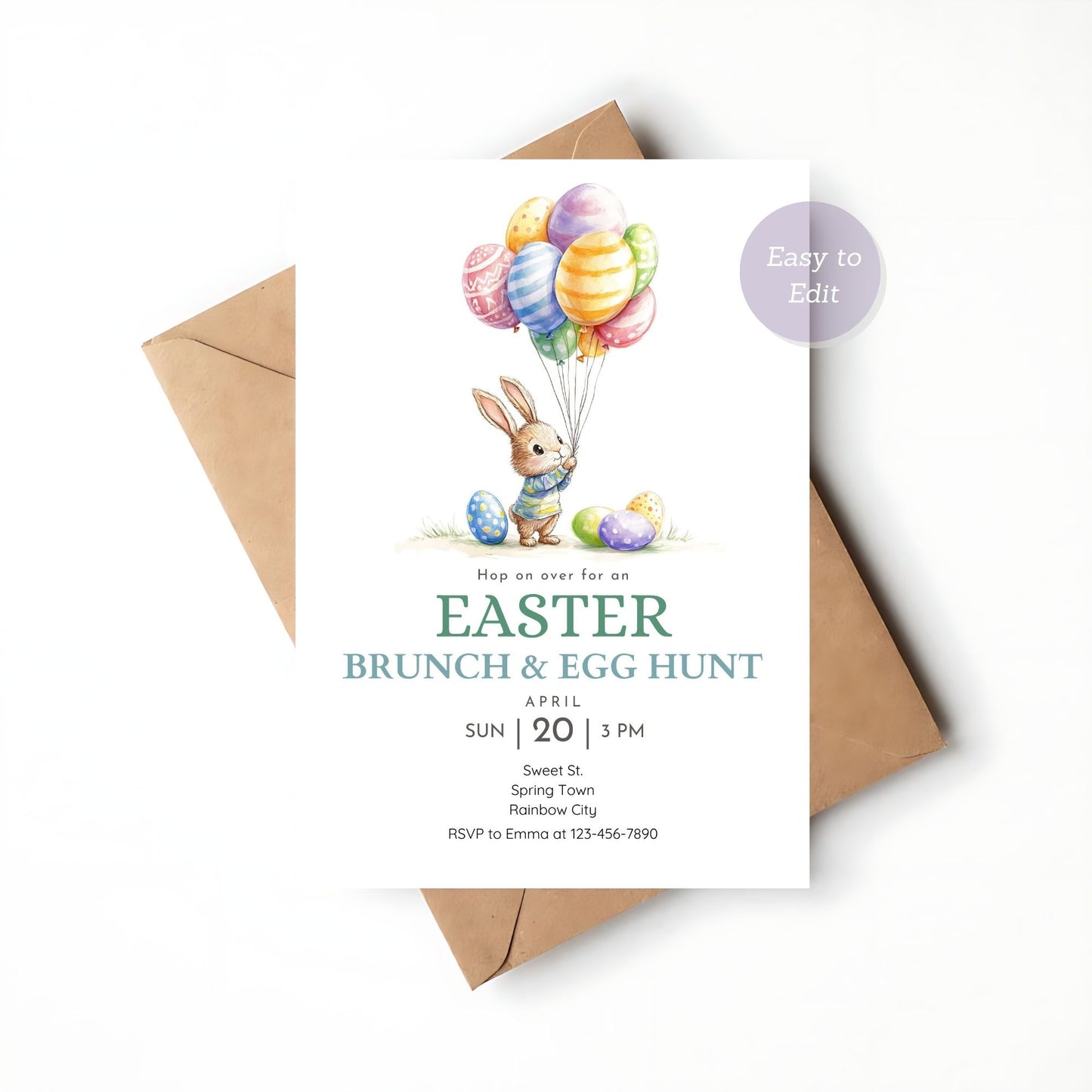 Cute Easter invitation featuring a bunny with flowers and eggs.
