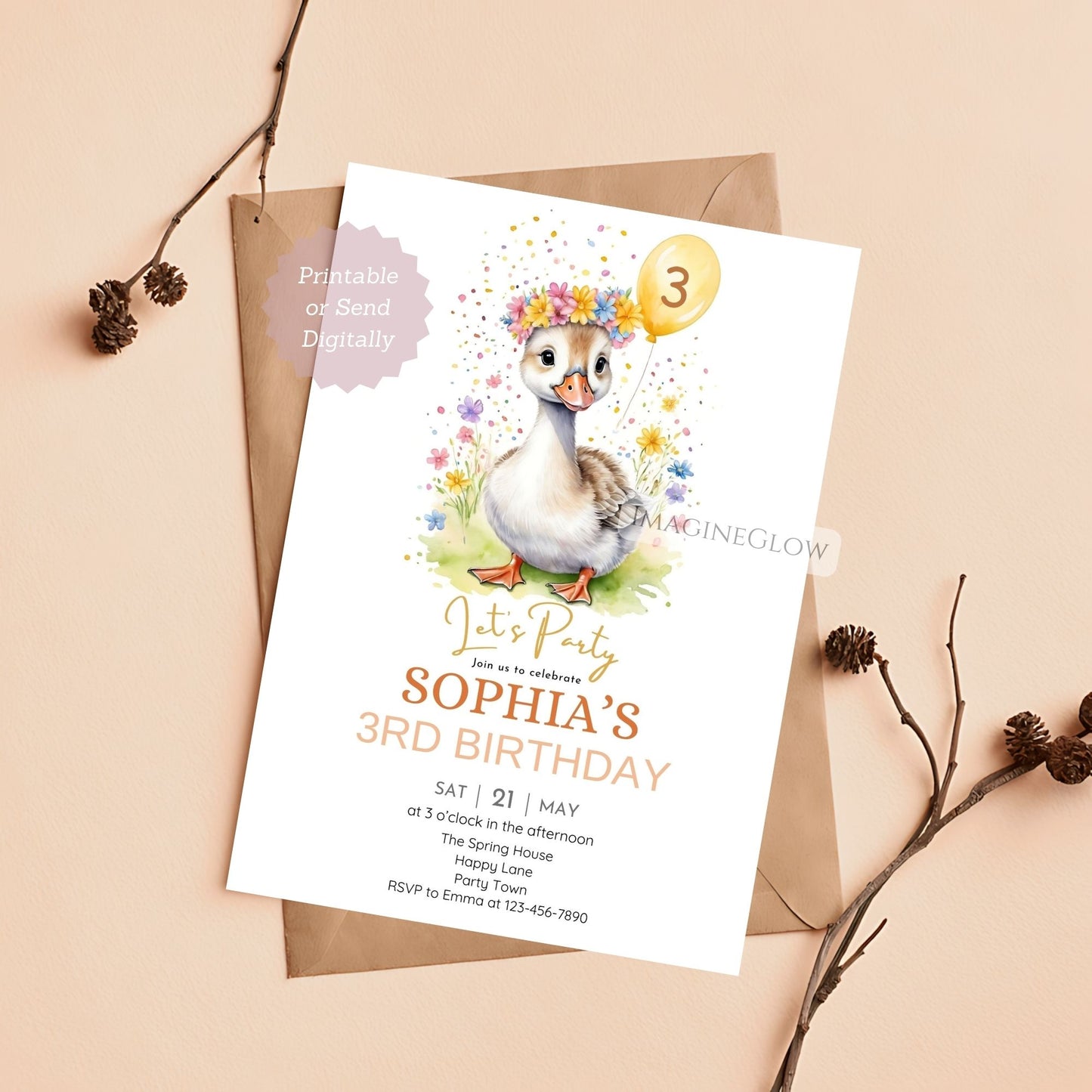Rustic goose birthday card with flowers
Wildflower themed birthday party invite
