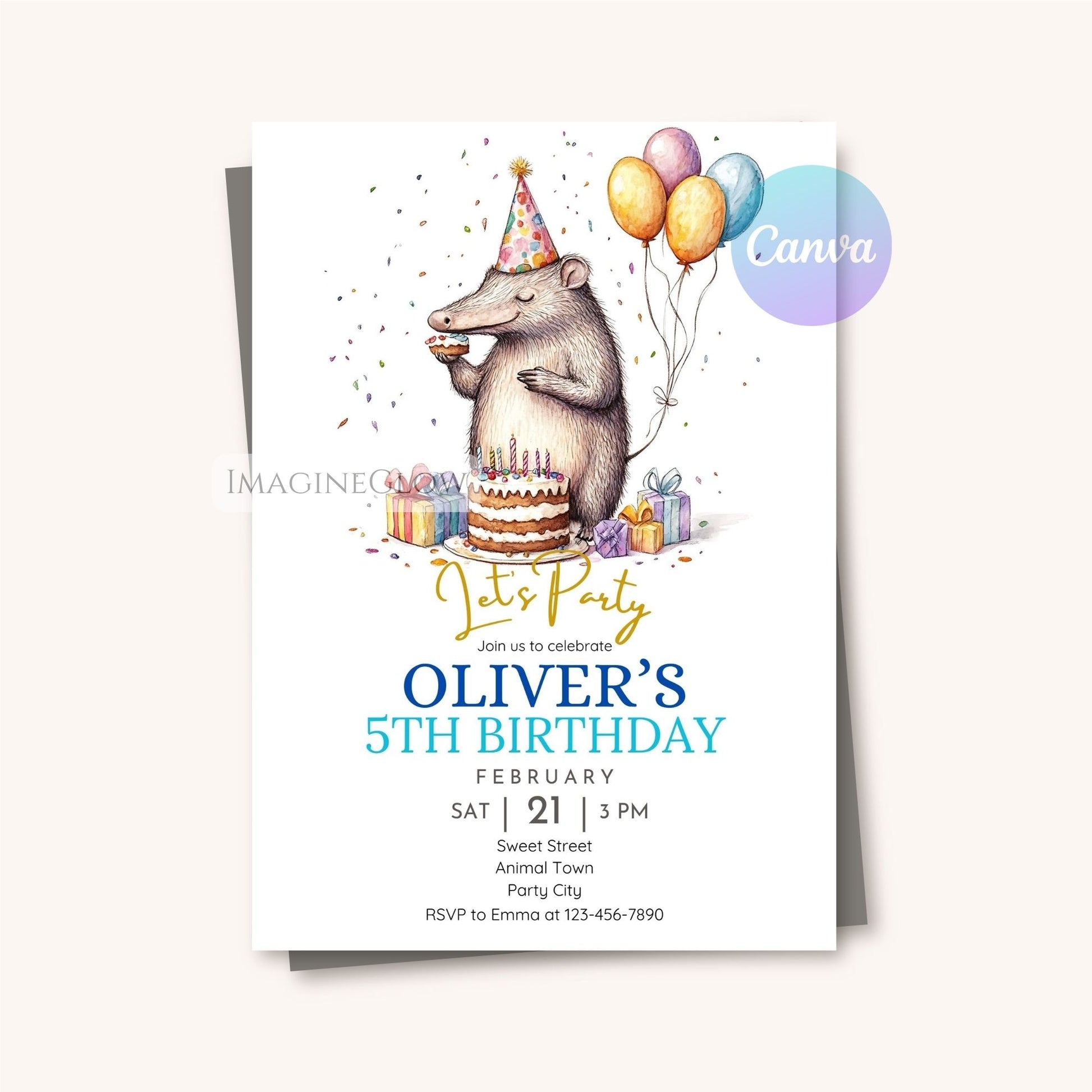 Tropical animal-themed party invite
Fun anteater design for toddlers
