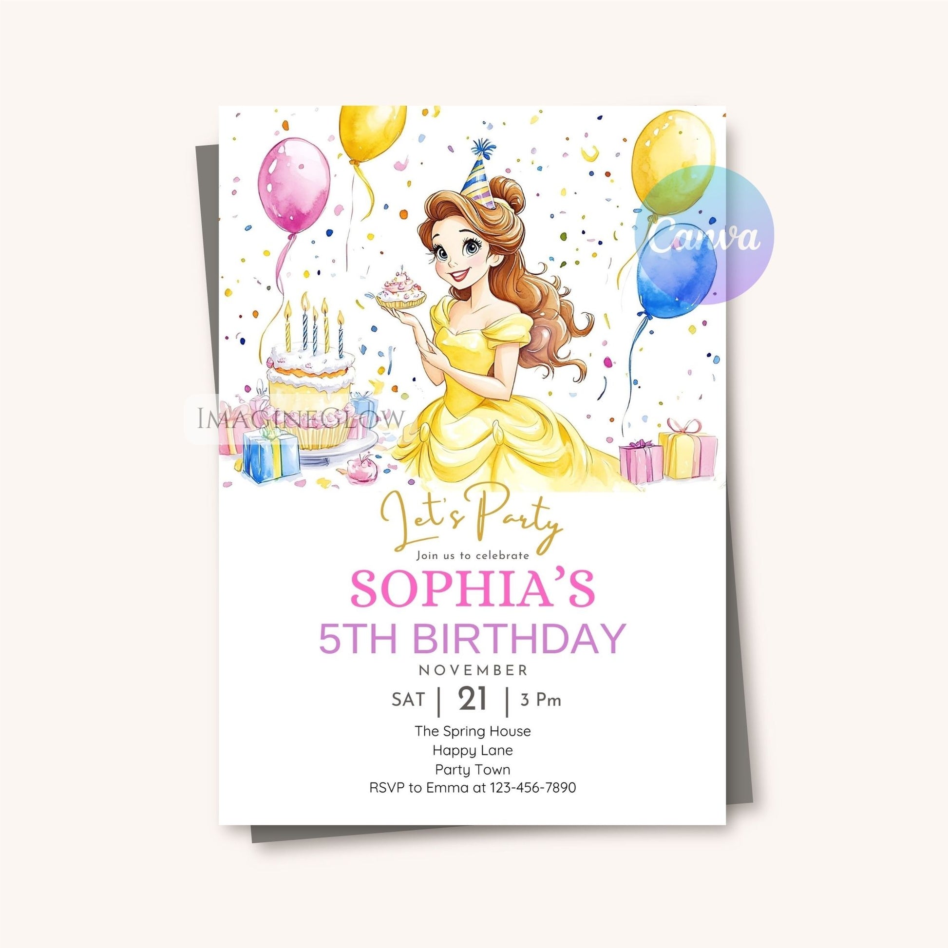 Yellow Belle party card
Fairytale Belle birthday invitation

